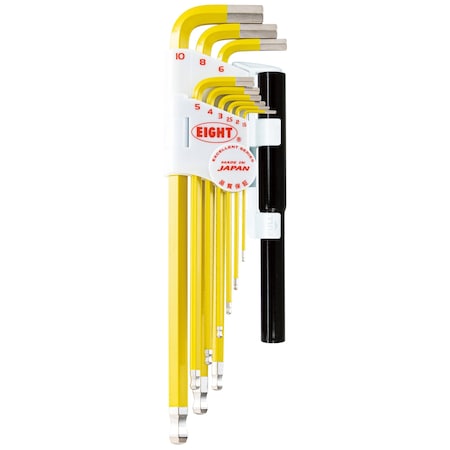 Eight Tool TAPER HEAD HEX KEY L-HANDLE EXTRA LONG SET, 9PC 1.5-10MM YLW W/EXTENSION PIPES TLC-S9NPYE